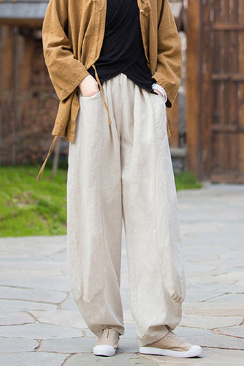 Beige Linen Wide Leg Pants - Loose Fit, Elastic Waist 3668