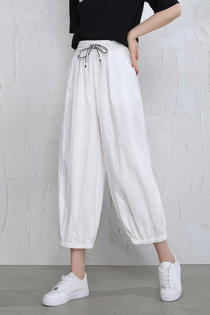 Brown Linen Wide Leg Pants - Elastic Waist and Casual Fit 3519