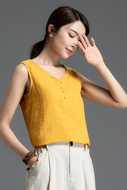 Linen V-Neck Tank Top - High Low Hem Sleeveless Summer | Xiaolizi 3407