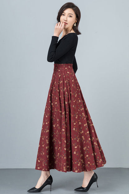 A-Line Floral Cotton Linen Skirt 4108