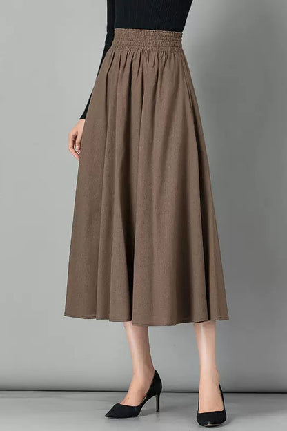 Brown Linen Skirt - Elastic Waist A-Line Maxi Skirt 4107