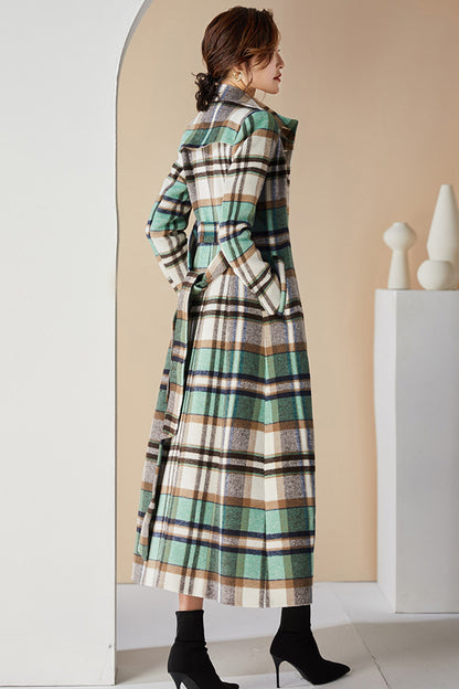 Handmade Green Plaid Wool Coat – Elegant Belted High Neck Long Overcoat | Xiaolizi 3996