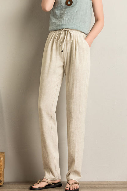 Beige Linen Wide Leg Pants - Elastic Waist, Casual Comfort 3517