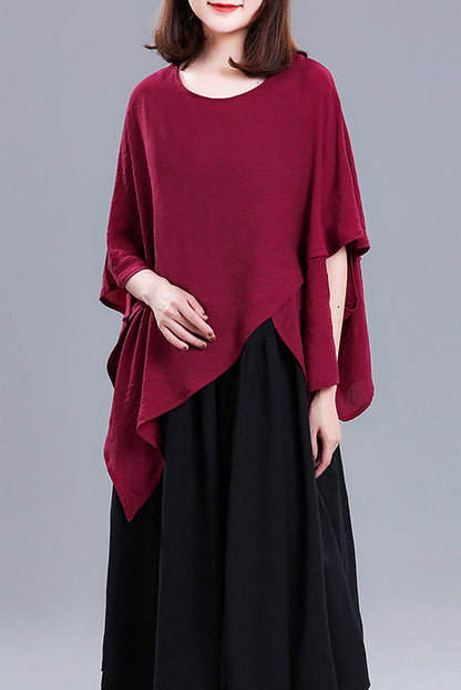 Grey Linen Casual Top - Round Neck Asymmetrical Hem 3675