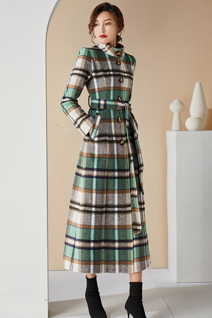 Handmade Green Plaid Wool Coat – Elegant Belted High Neck Long Overcoat | Xiaolizi 3996