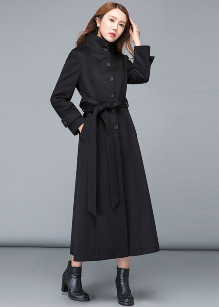 Black stand collar single breasted long wool coat 2478