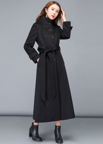 Black Wool Maxi Coat - Stand Collar Fit and Flare Silhouette 2478