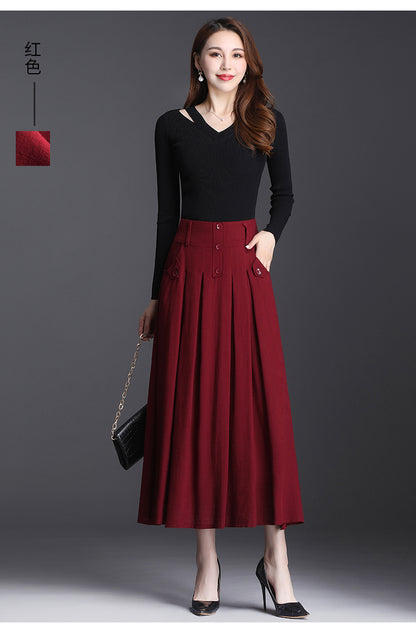 Navy Linen Cotton Midi Skirt - Pleated High Waist with Pockets 2819