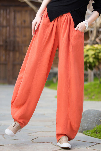Beige Linen Wide Leg Pants - Loose Fit, Elastic Waist 3668