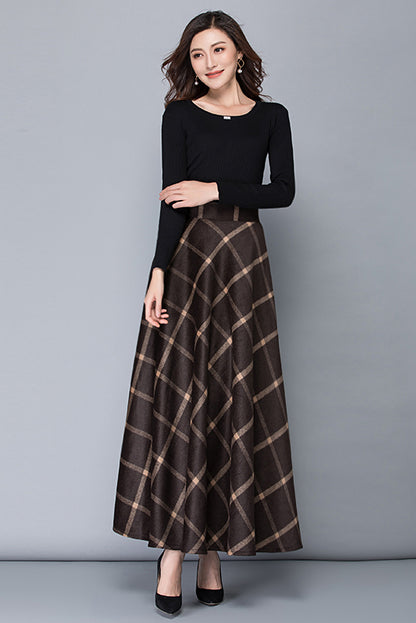 Brown Wool A-Line Maxi Skirt - High Waist with Pockets 3792
