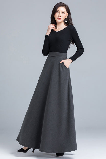Navy Cotton Blend Maxi Skirt - A-Line Silhouette with Back Elastic Waist 4090