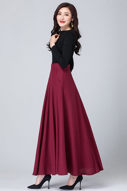 Dark Green Linen A-Line Maxi Skirt - High Waist with Side Pockets 4114