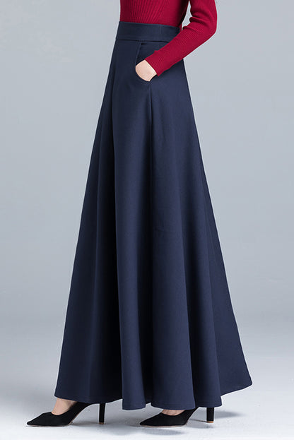 Navy Cotton Blend Maxi Skirt - A-Line Silhouette with Back Elastic Waist 4090