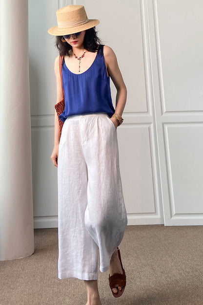 Pink Linen Wide Leg Pants - Elastic Waist, Casual Comfort 3508