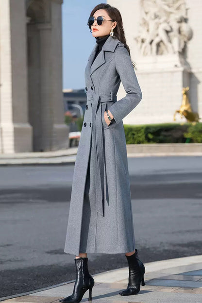 Handmade Gray Wool Coat – Elegant Double-Breasted Belted Long Overcoat | Xiaolizi 3982