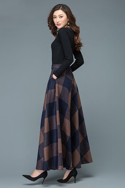 Plaid Wool Long Skirt - Full Flowy A-Line Silhouette 3947
