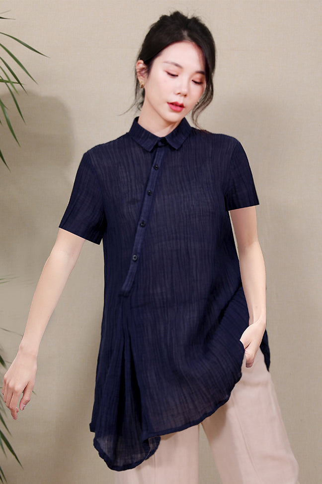 Dark Blue Women Summer Asymmetrical Shirt Linen Tops 3678