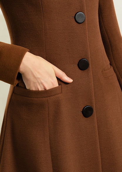Brown Wool Maxi Coat - Vintage Fit and Flare Silhouette 2955