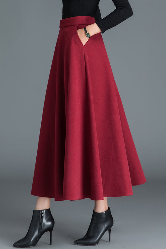 Wine red woman long winter wool dress plus size woolen dress wool skirt  winter maxi skirt - S M L XL XXL
