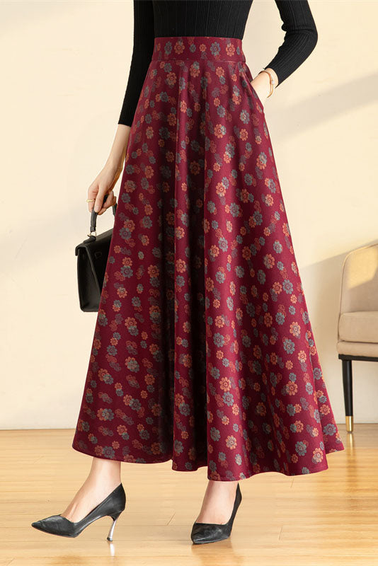 Wine Red Floral Maxi Skirt 4121