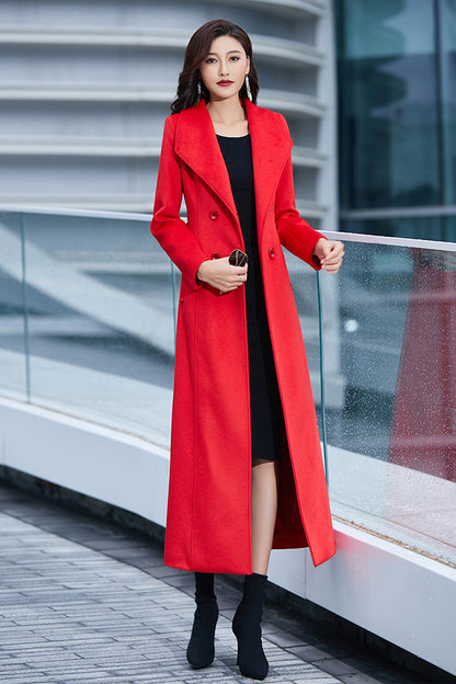 Handmade Red Wool Coat – Elegant Double-Breasted Belted Long Winter Overcoat | Xiaolizi 3981