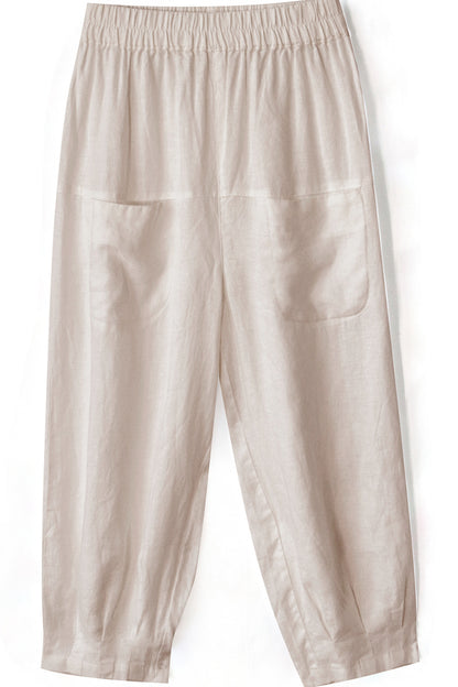 Brown Linen Wide Leg Cropped Pants - Elastic Waist, Front Pockets 3507