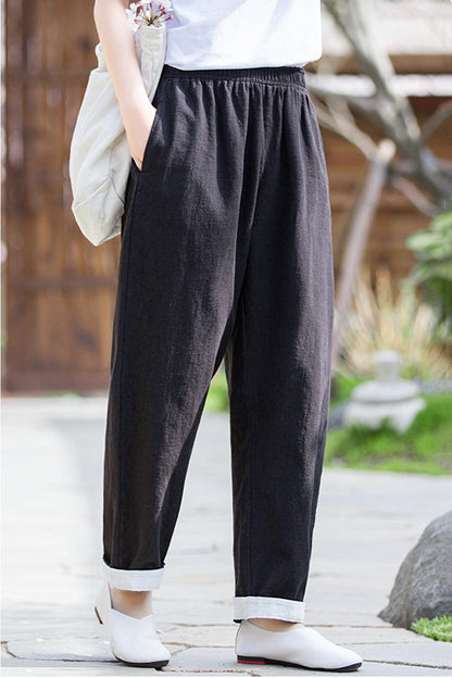 Navy Linen Blend Wide Leg Pants - Vintage Inspired Elastic Waist 3671