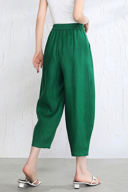 White Linen Wide Leg Pants - Casual Elastic Waist Loose Fit 3514