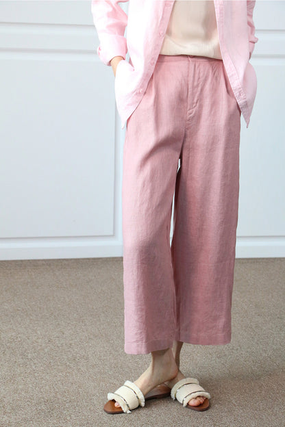 Pink Linen Wide Leg Pants - Elastic Waist, Casual Comfort 3508