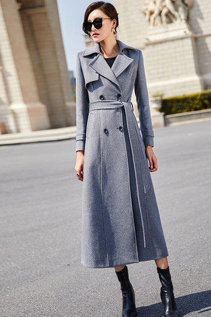 Gray Wool Maxi Coat - Double Breasted with Tie Belt 319501