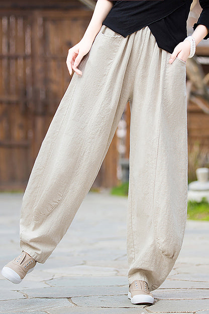 Beige Linen Wide Leg Pants - Loose Fit, Elastic Waist 3668