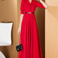 Red V-neck Single breasted dress, High waist Long dress 3199