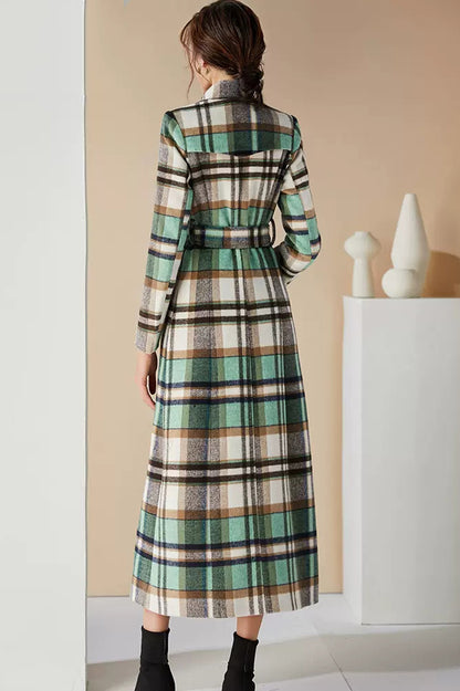 Handmade Green Plaid Wool Coat – Elegant Belted High Neck Long Overcoat | Xiaolizi 3996