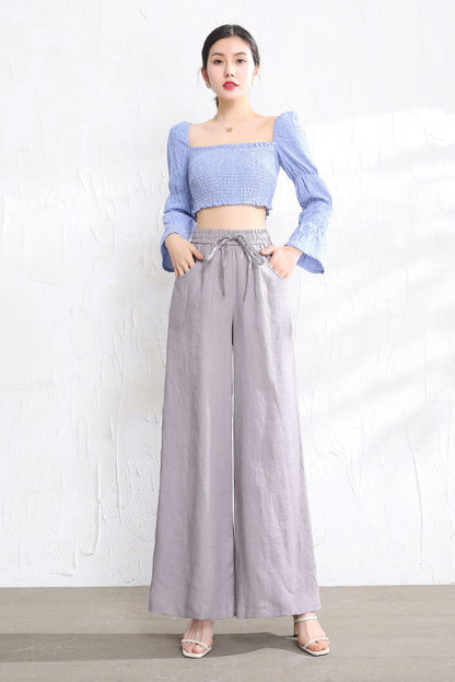 White Linen Wide Leg Pants - Elastic Waist with Front Pockets 3518