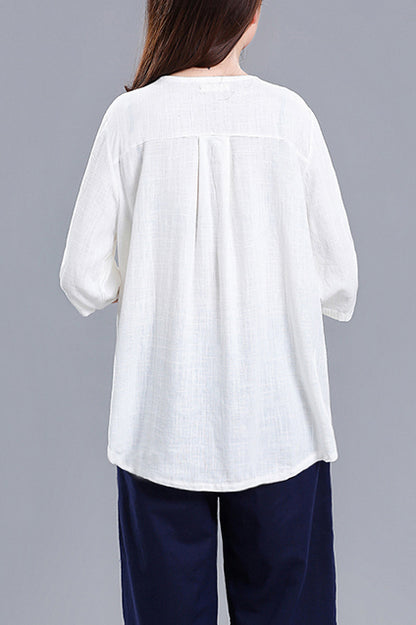 White Linen Cotton V-Neck Top - Asymmetric Button Detail 3676