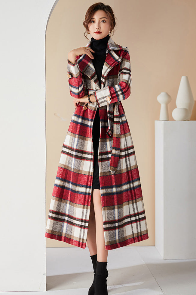 Long Red Plaid Wool Coat 3990