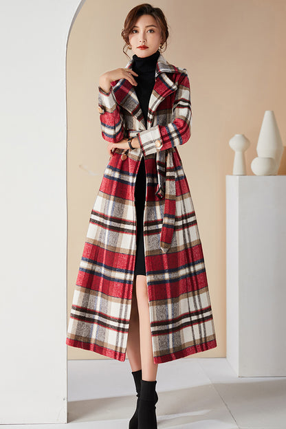 Handmade Plaid Wool Coat – Vintage Red Check Double-Breasted Long Belted Overcoat | Xiaolizi 3990