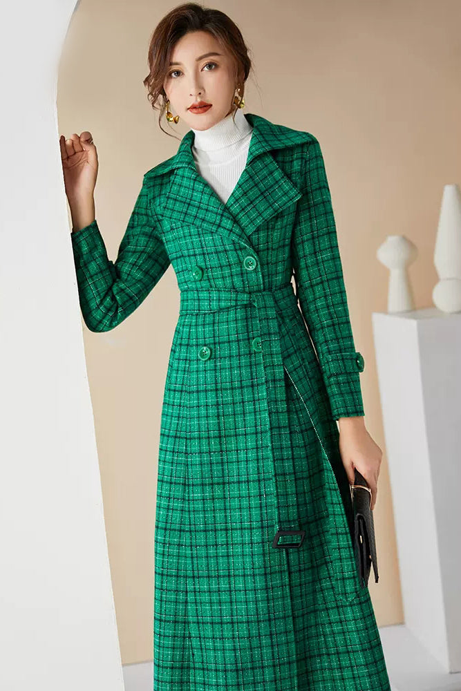 Green and black checkered wool clearance coat