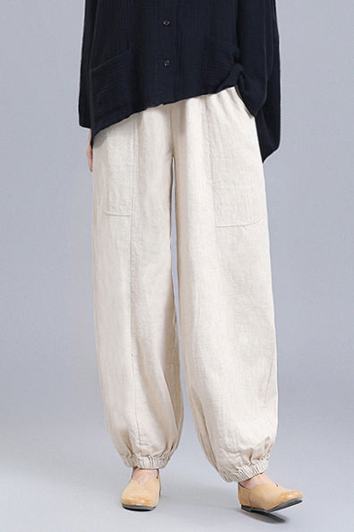 Black Linen Wide Leg Pants - Loose Fit Elastic Waist Bloomers 3669