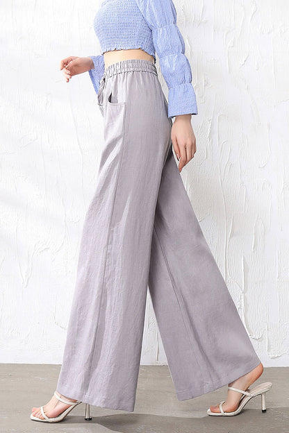 White Linen Wide Leg Pants - Elastic Waist with Front Pockets 3518