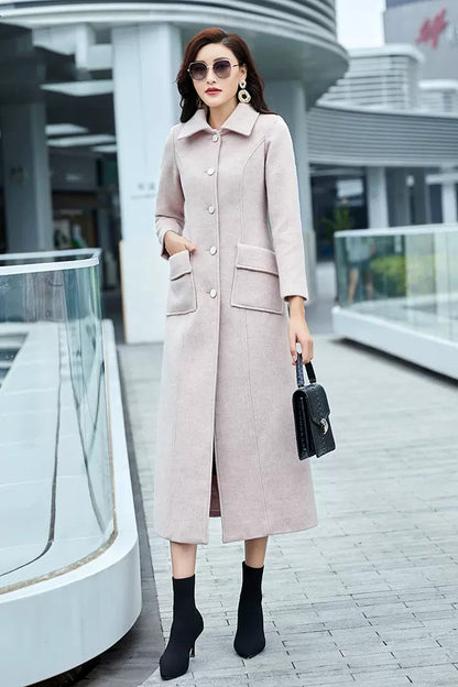 Light Pink Wool Coat – Handmade Long Slim Fit Winter Overcoat for Women 3977