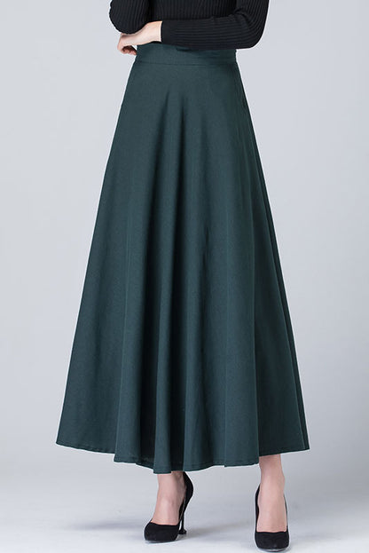 Dark Green Linen A-Line Maxi Skirt - High Waist with Side Pockets 4114