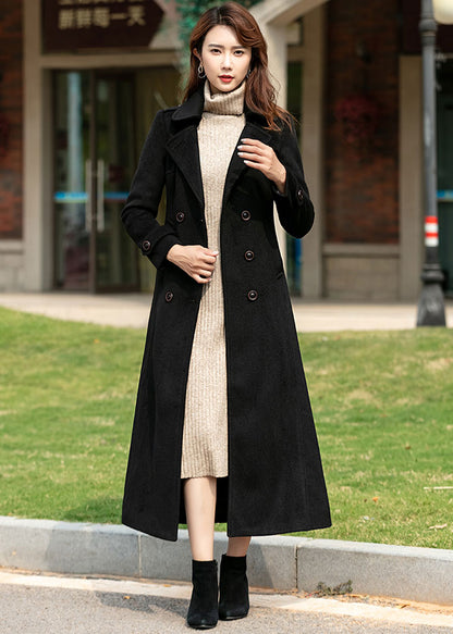 Navy Wool Maxi Coat - Double Breasted A-Line with Belt 2459