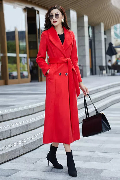 Red Wool Coat – Handmade Long Double Breasted Belted Winter Overcoat for Women 3975