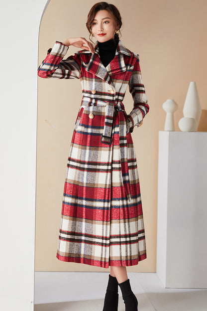 Handmade Plaid Wool Coat – Vintage Red Check Double-Breasted Long Belted Overcoat | Xiaolizi 3990