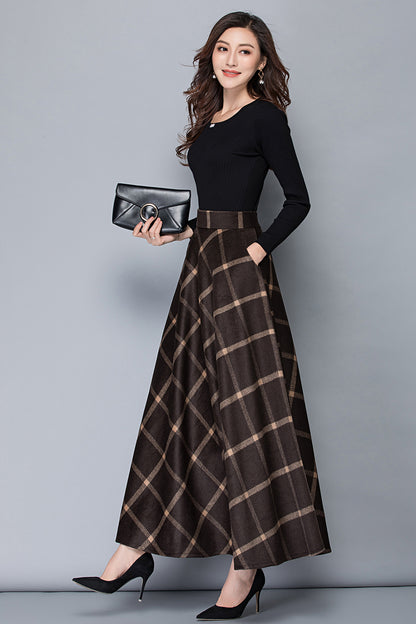 Brown Wool A-Line Maxi Skirt - High Waist with Pockets 3792