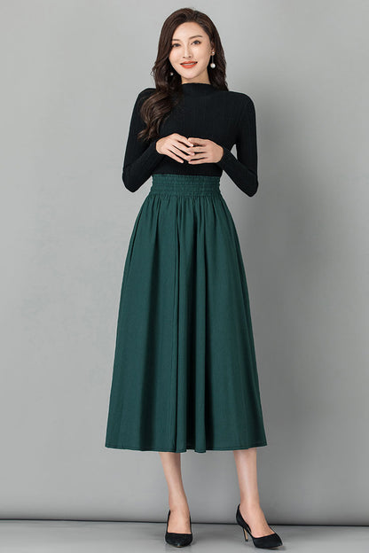 Emerald Green Linen Midi Skirt - High Waist Pleated Casual Style 4103