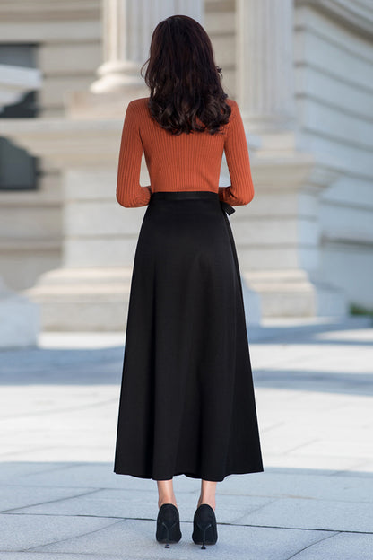 Black Cotton Blend A-Line Maxi Skirt - High Waist Wrap with Belt 40