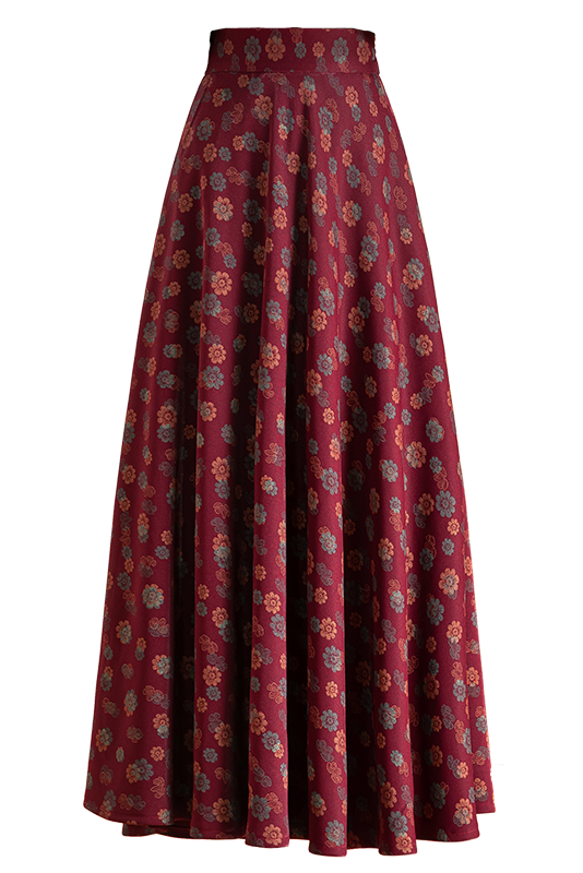 Wine Red Floral Maxi Skirt 4121