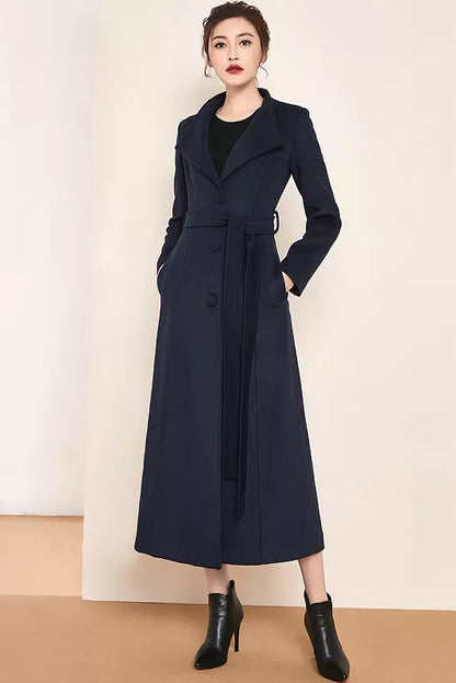 Handmade Light Gray Wool Coat – Elegant High Neck Belted Long Overcoat | Xiaolizi 3983